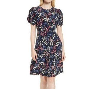 LEWIT 100% Silk Floral ALine Dress Navy Blue Midi